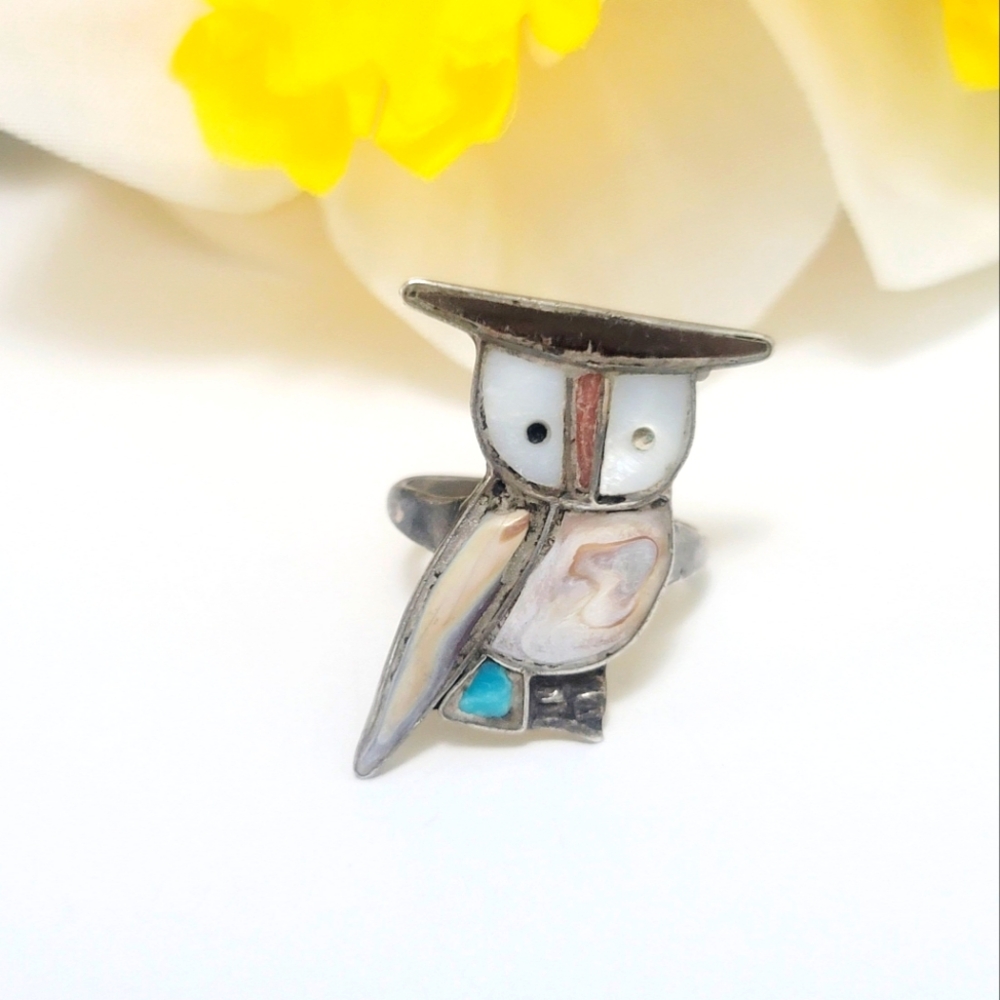 Native American Sterling Silver Owl Ring With Multi-Stone Inlay Ring Size 8.5